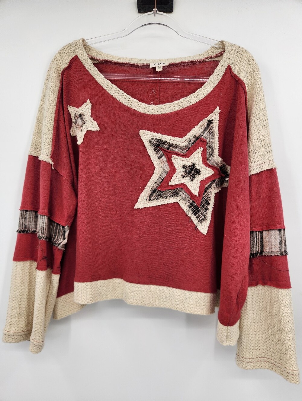 POL Patchwork Star Knit Top Womens Size Medium Red Cream Crop Long Sleeve